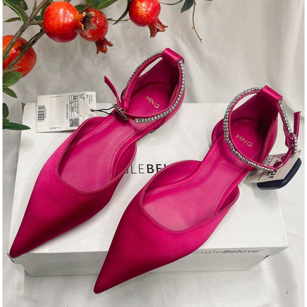 MANGO Fuchsia Satin Rhinestone Pointed Toe Flats NWT Barbiecore Shoes - Picture 8 of 16